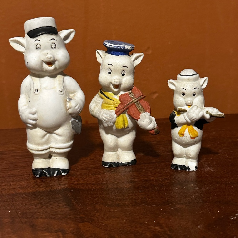 Vintage Bisque Ceramic Pigs Musician Farmer 3 Figurines Japan